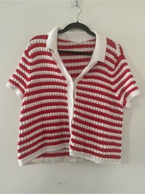 Old Navy Red White Striped Button Down Crochet Sweater Top XL Coastal Preppy